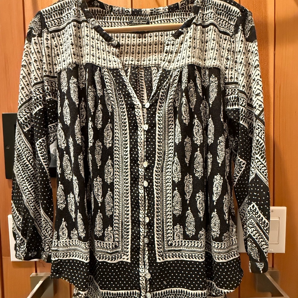 Lucky Brand Linen-blend 3/4 sleeve paisley print peasant top